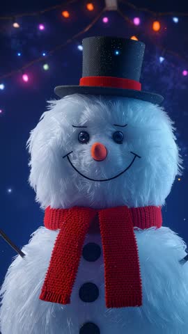 Vertical holiday video pulsing string lights illuminating smiling snowman with red scarf