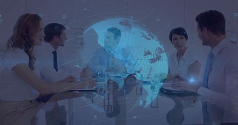 Business team analyzing holographic data globe in modern boardroom