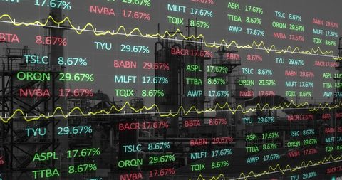 Construction site with financial market analytics overlay
