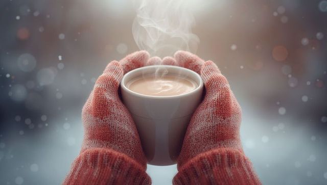 Winter Warmth with Mittens Holding Hot Beverage Mug Outdoors