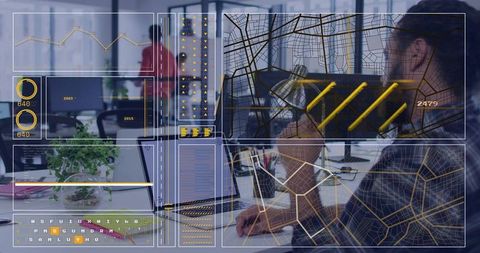 Data Analyst Writing on Notebook with Augmented HUD Overlays, Office Collaboration