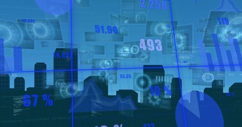 Digital Interface with Data Visualizations Over Urban Skyline