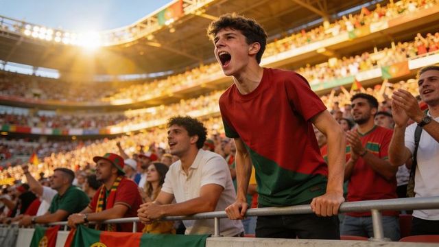 Young fan shouting in red-green jersey leaning on barrier at sunlit football stadium