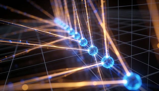 Glowing neural network chain of blue spheres linked by golden filaments over digital grid