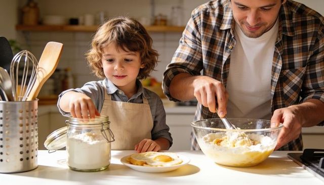 Father and child baking together mixing batter sharing joyful kitchen bonding moment