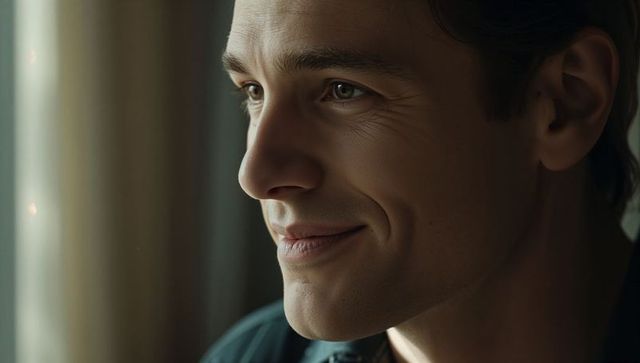 Smiling young man gazing through window with soft natural light, closeup headshot