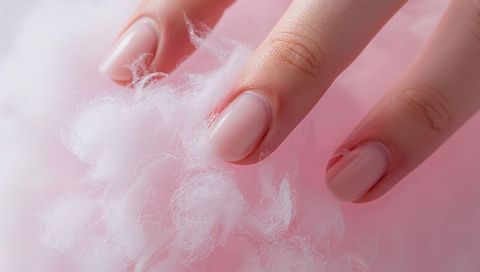 Resting Manicured Fingertips Touching Soft Cotton Fibers Pastel Pink Nails Macro Closeup