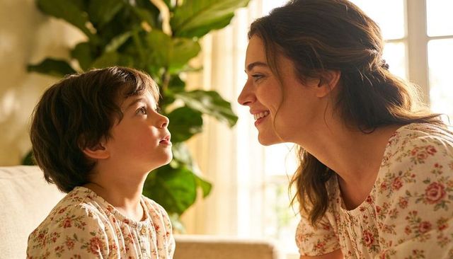 Mother and son bonding on sunlit couch leaning and smiling in cozy home