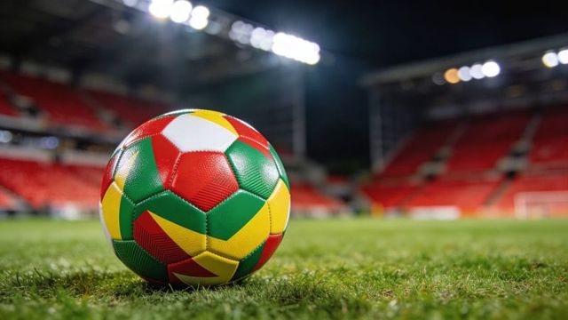 Colorful soccer ball resting on floodlit stadium turf at night