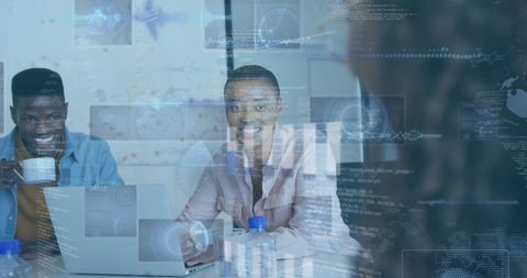 Diverse Team Collaborates with Digital Data Overlay