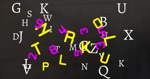 Random Scatter of Colorful Letters and Numbers on Black Canvas