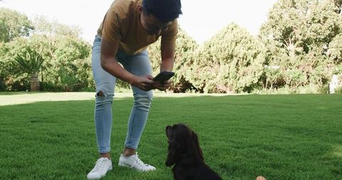 Young Man Taking Photo of Dog in Scenic Park Setting