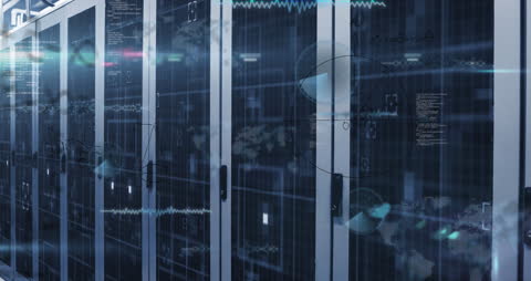Futuristic Server Room with Digital Data Visualization Elements