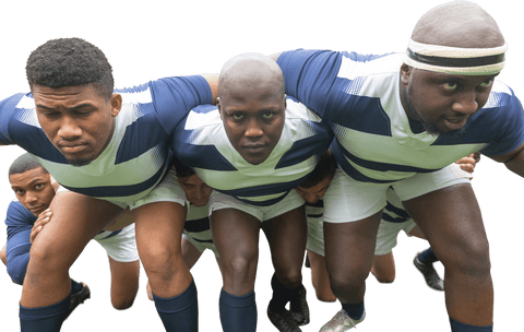 Diverse rugby team embracing on transparent background