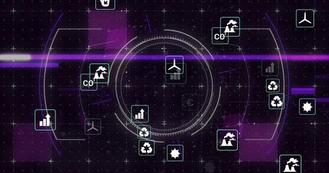 Futuristic energy HUD rotating reticle with floating wind turbine icons and neon visuals