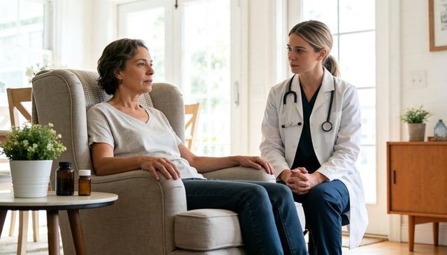 Female doctor consulting with mature patient at home for compassionate in-home care