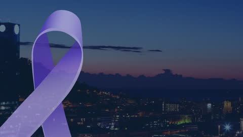 Global Networking Technology Over Cityscape with Purple Ribbon