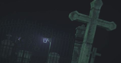 Eerie Cemetery at Night with Cross and Iron Gates - Download Free Stock Images Pikwizard.com