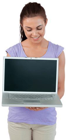 Smiling Young Woman Holding Laptop Displaying Blank Transparent Screen - Download Free Stock Videos Pikwizard.com