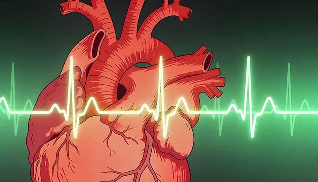Pulsing anatomical heart with neon ecg trace and glowing peaks on green medical background
