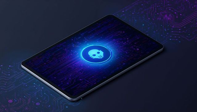 Tablet with Neon Skull Icon on Digital Circuit Board Background