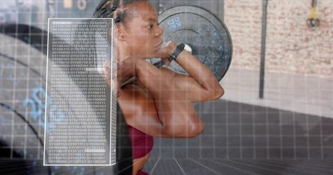 Woman performing front squat with loaded barbell and digital fitness data overlay
