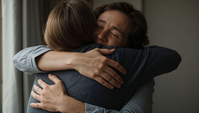 Women embracing in warm tender hug near window showing affection and connection