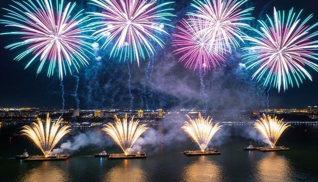 Vibrant fireworks lighting harbor over barge fountains and tugboats reflecting on night water