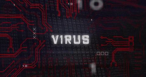 Bold pixelated VIRUS text on dark code matrix with red circuit traces and glitch