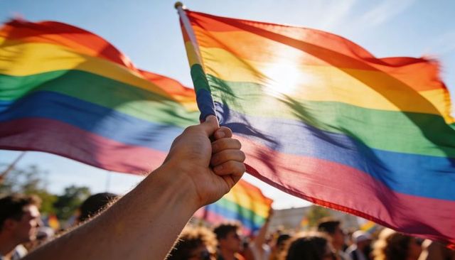 Holding rainbow pride flag waving over diverse crowd during sunlit pride parade celebration