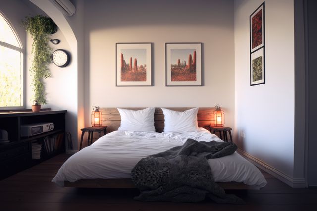 Bedroom interior with bed, paintings, lamps and plant created using generative ai technology. Interior and design concept digitally generated image.