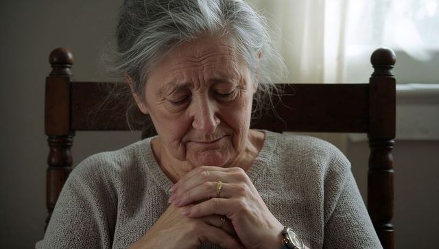 Elderly woman reflecting with clasped hands on wooden chair by window in soft daylight