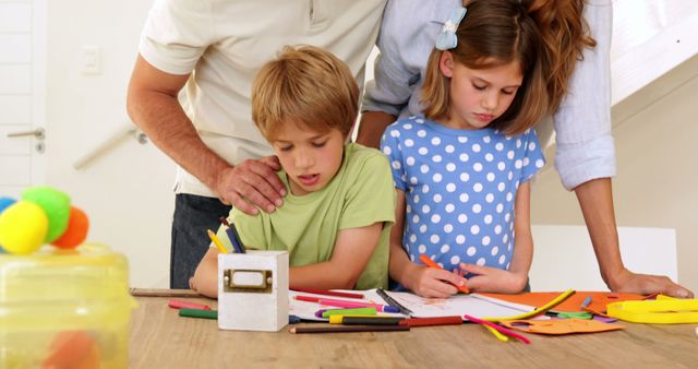 Children Drawing and Coloring with Parental Guidance at Home - Download Free Stock Images Pikwizard.com