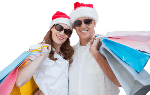 Joyful Couple in Santa Hats Carrying Shopping Bags Transparent Background