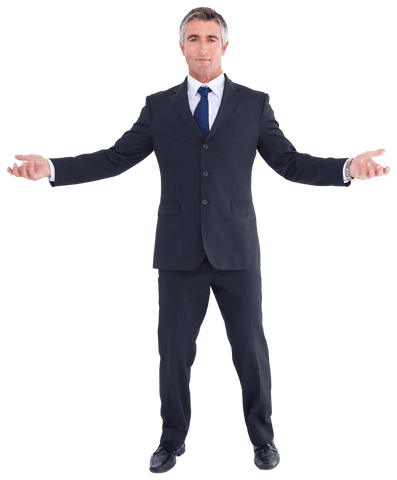 Confident businessman in suit spreading his arms transparent background