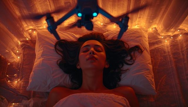 Serene Woman Relaxing with Drone in Ambiance of Smart Bedroom