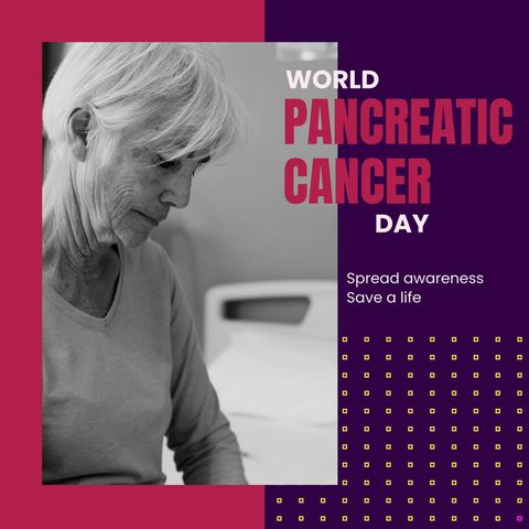World Pancreatic Cancer Day Awareness Poster with Senior Woman in Hospital