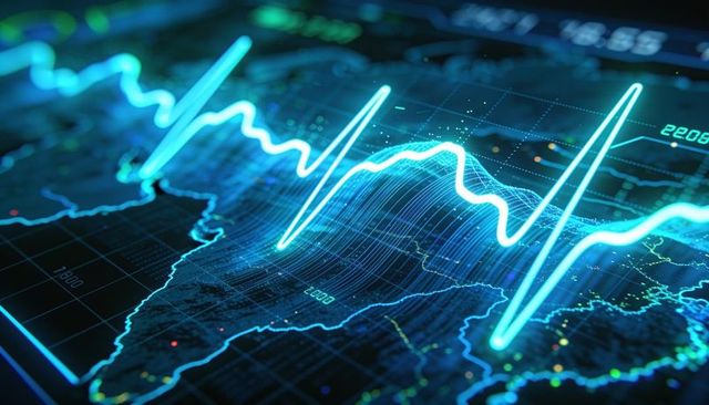 Neon ecg waveform traveling across holographic topographic map, futuristic data visualization