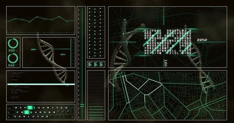 3D DNA Double Helix Rotating Across Futuristic HUD Genomics Dashboard Visualizing Data