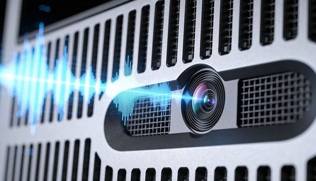 Futuristic device camera lens with blue audio waveform on perforated metal panel