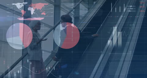 Business Meeting Amidst Dynamic Financial Graphs and Data Visualization