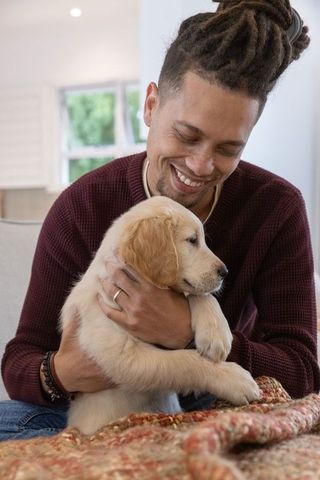 African american man smiling, cradling golden retriever puppy on cozy sofa at home, enjoying moment