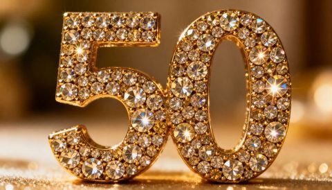 Golden crystal encrusted 50 numeral sparkling for 50th anniversary milestone celebration