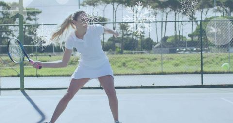 Female Tennis Player Hitting Forehand on Practical Court with Snowflakes