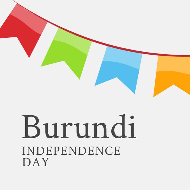 Illustration depicting colorful buntings and Burundi Independence Day text on white background. Ideal for promoting national events, creating social media graphics, and designing celebratory stationery or posters.