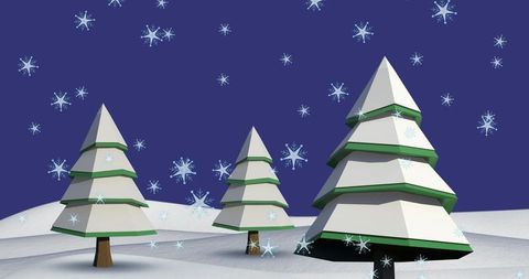 Winter Wonderland with Stylized Christmas Trees and Falling Snowflakes