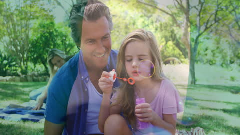 Family Picnic with Nigerian Flag Overlay and Soap Bubbles