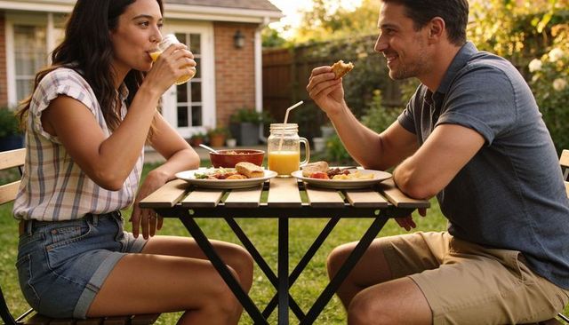 Couple enjoying sunny backyard brunch at bistro table with mason jar drinks