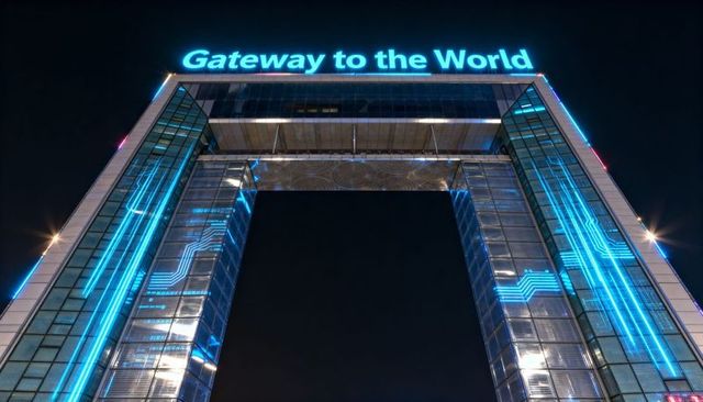 Gateway to world neon arch illuminating night sky over futuristic glass portal