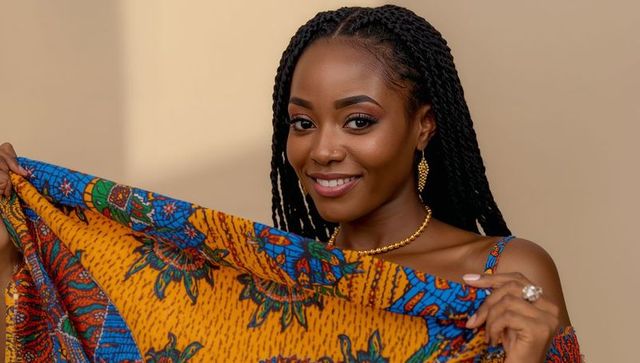 Smiling woman holding vibrant orange blue floral wrap while showing braided hair and gold jewelry